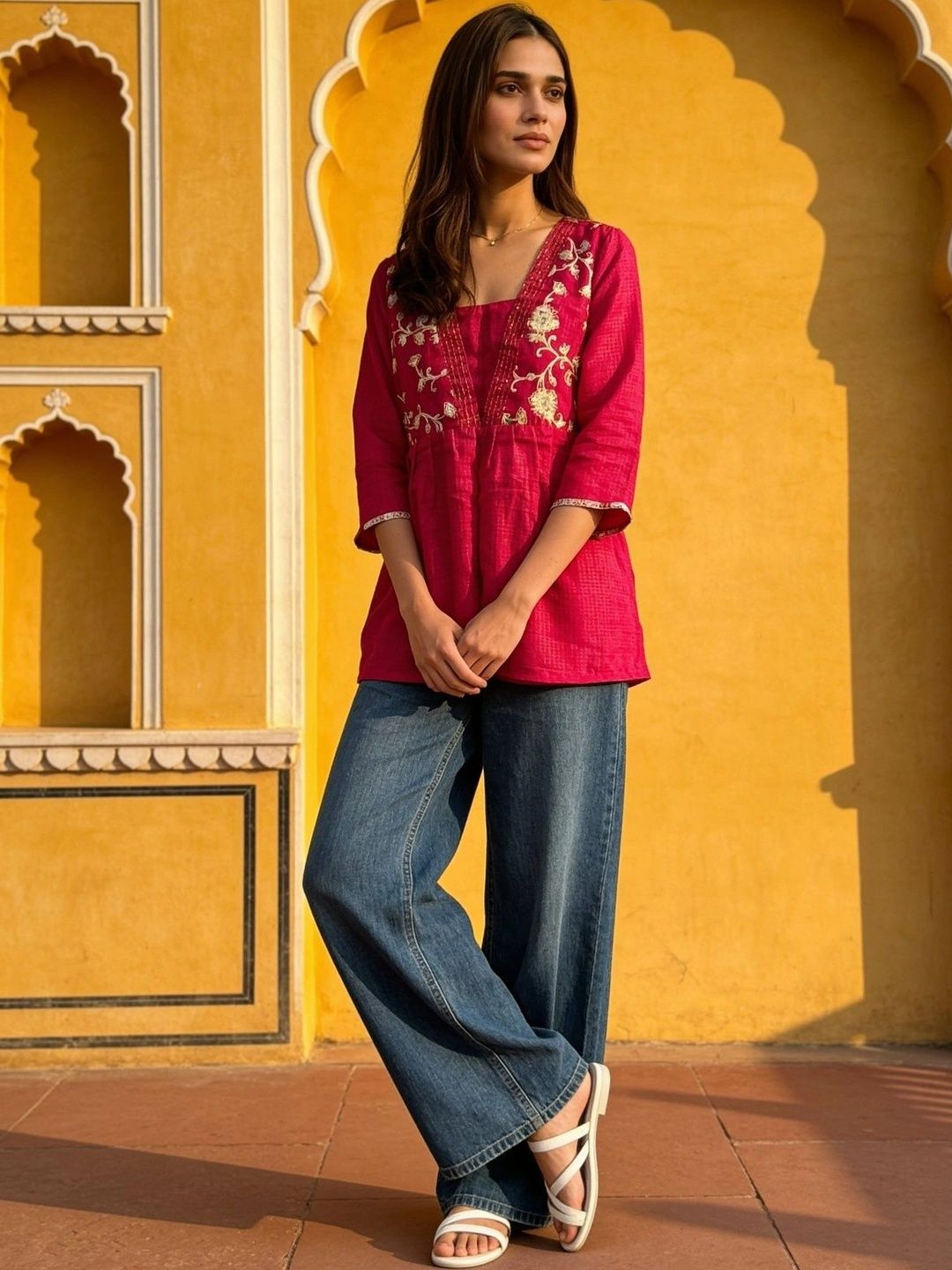 Rangita Ethnic Motifs Embroidered Square Neck Thread Work Pure Cotton Thread Work Empire Kurti-picture-24