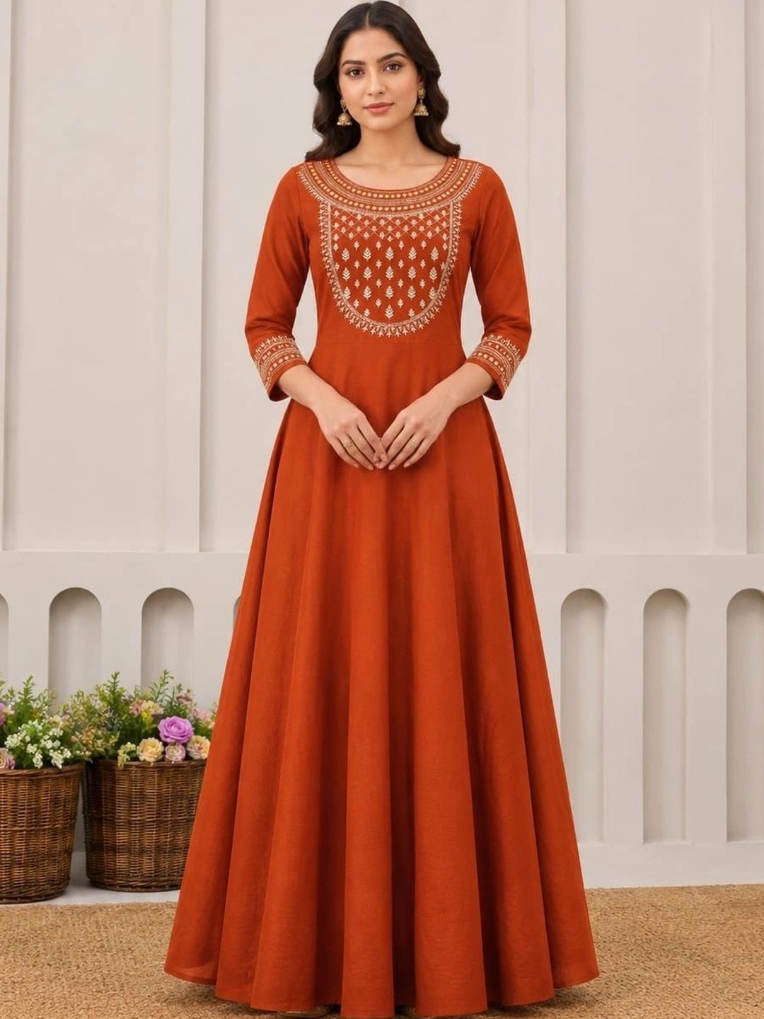 DESI U Embroidered Round Neck A-Line Ethnic Dresses-image-42