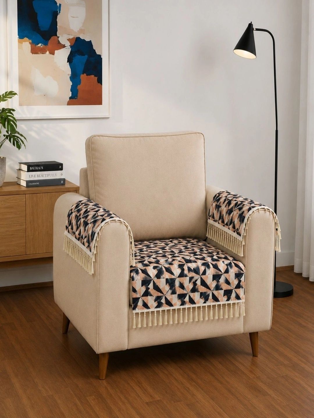 Homefab India Black & Beige Printed 3 Piece Sofa Cover With Arms-picture-31