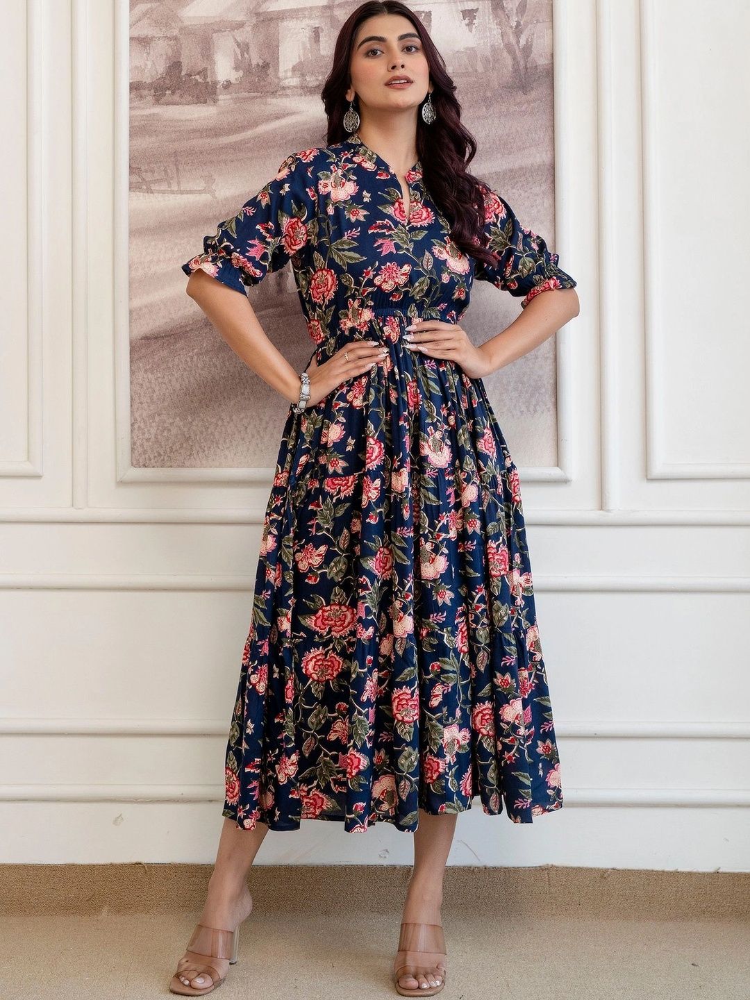 Sangria Printed Mandarin Collar Fit and Flare Ethnic Dresses-picture-20