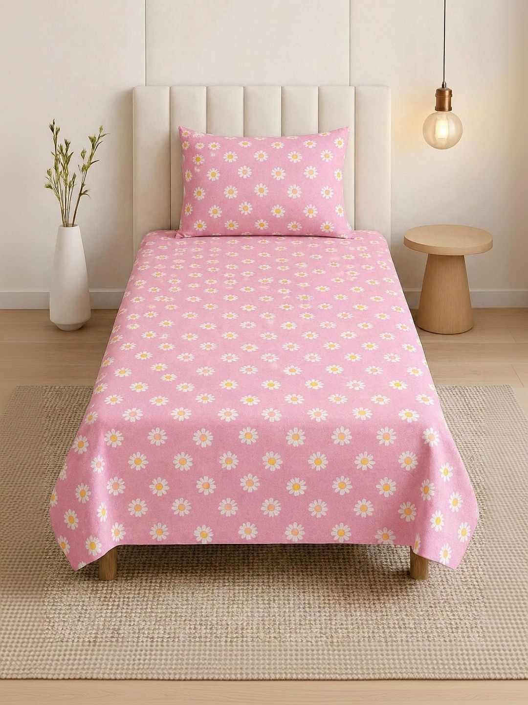 TINDLER KNOTS Pink & White Floral 144 TC Single Bedsheet with 1 Pillow Covers-picture-40