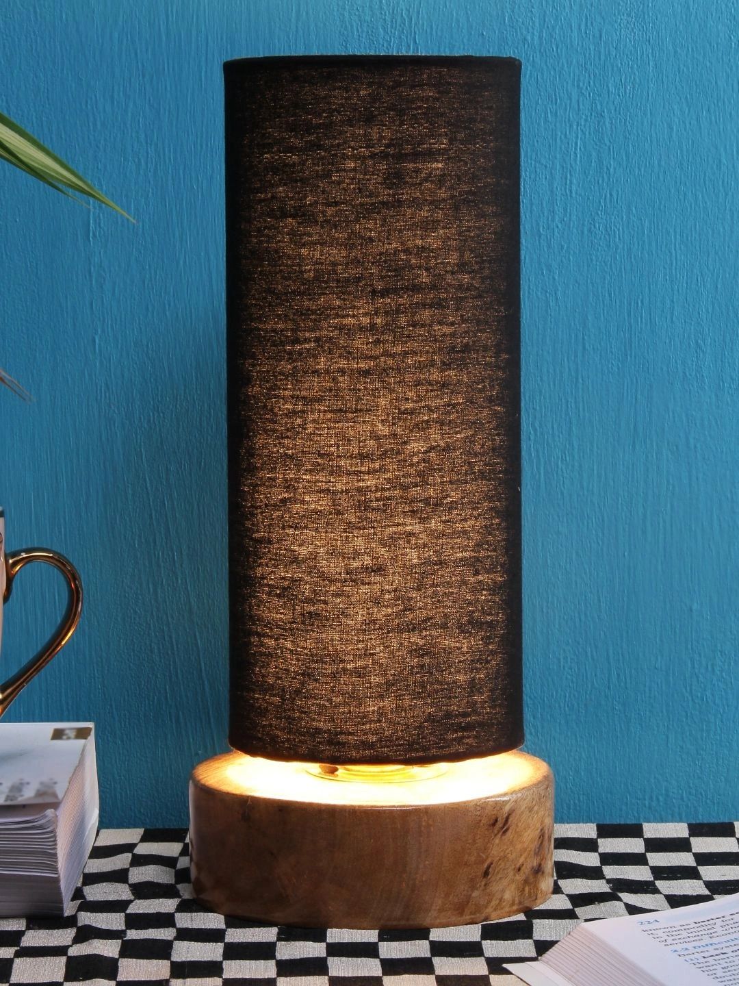 Myntra Elegant Homes Black Textured Wood Traditional Cylindrical Shaped Table Lamp-picture-16