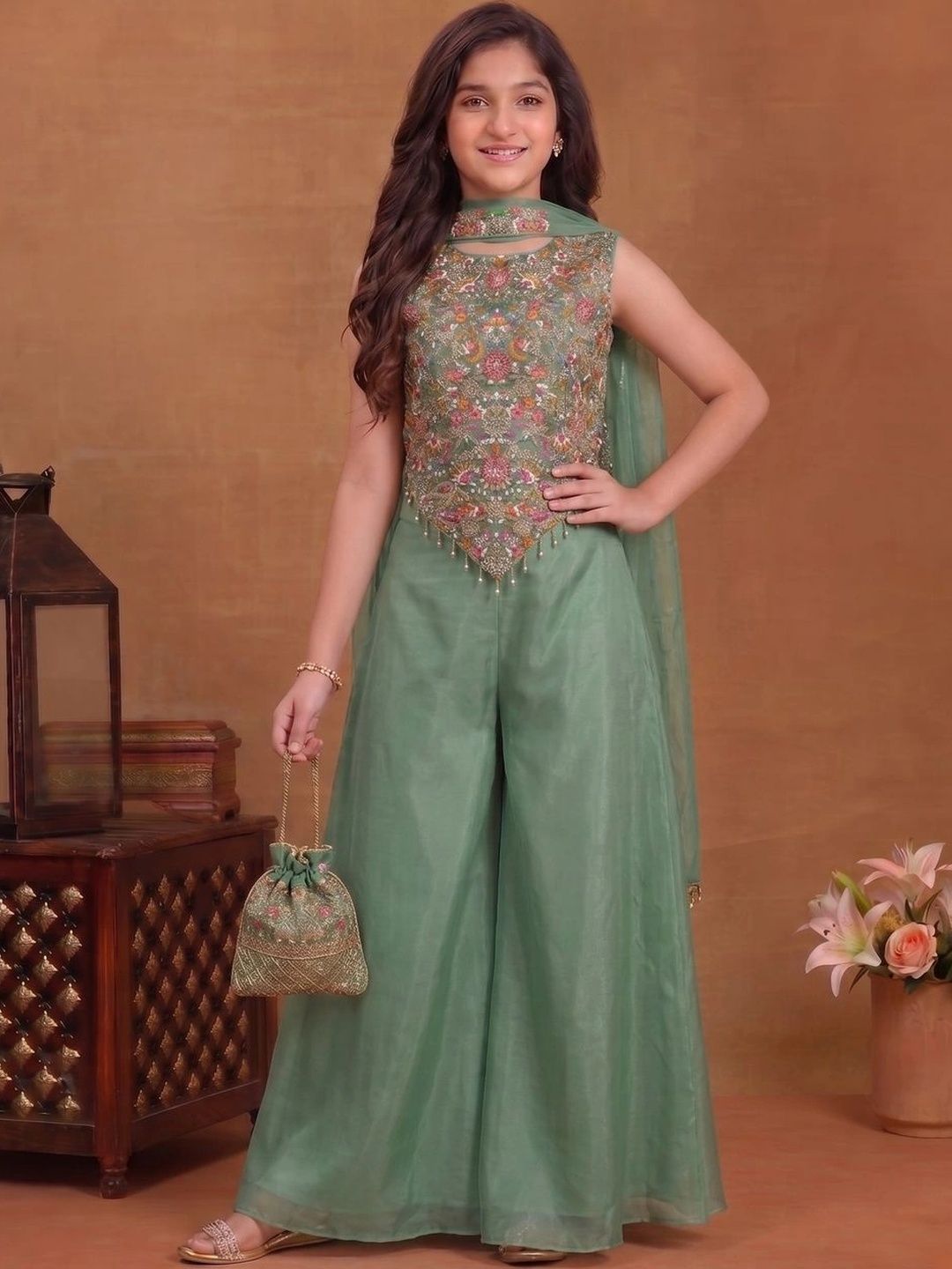 Inddus Girls Floral Embroidered Regular Thread Work Top with Palazzos & With Dupatta-picture-54
