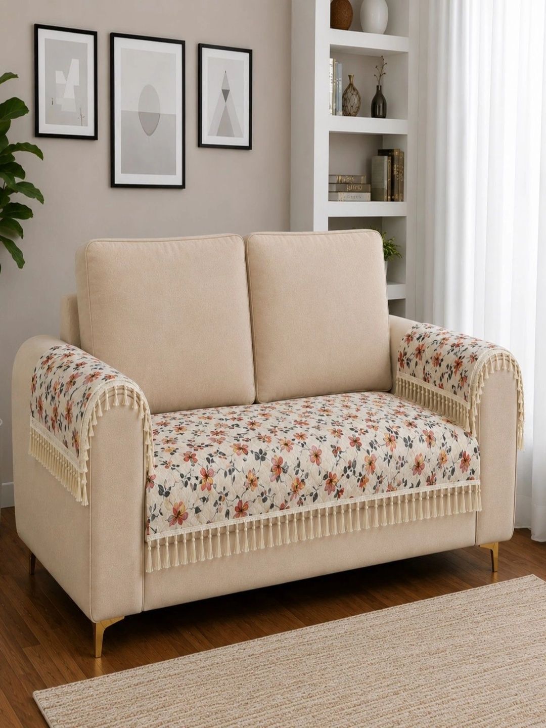 Homefab India White & Red Printed 3 Piece Sofa Cover With Arms-picture-20
