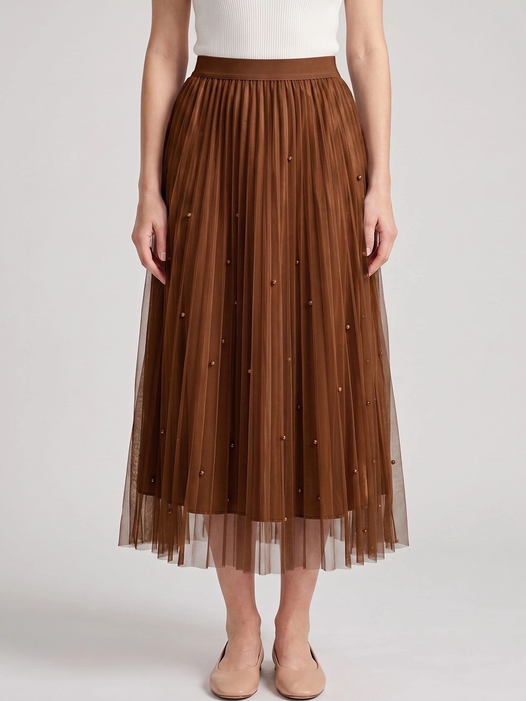 Neet Women Net Accordion Pleated Midi Flared Skirt-image-33