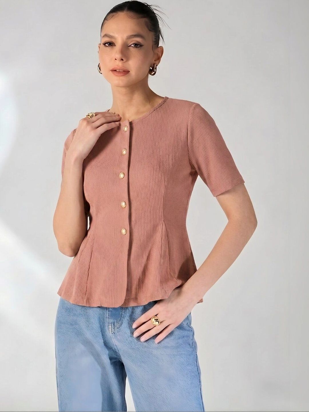 Uptownie Stretchable Button Front Fitted Short Sleeves Top-picture-12