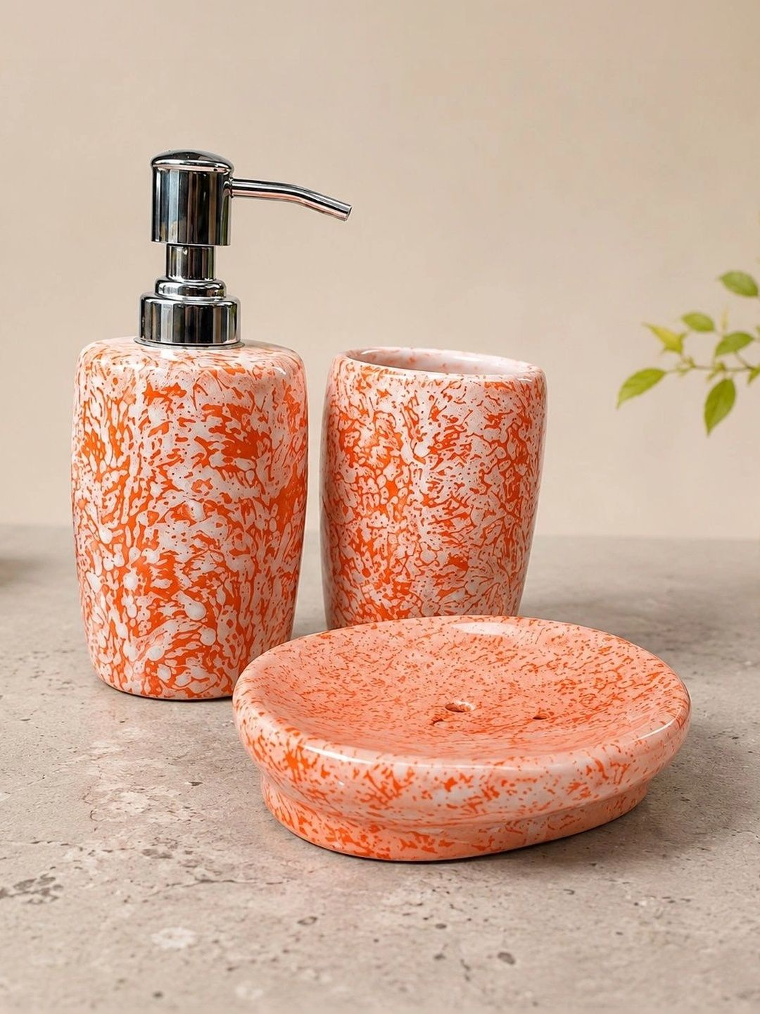 Heirloom Home Orange 3 piece Abstract Ceramic Bath Accessories Set-picture-39