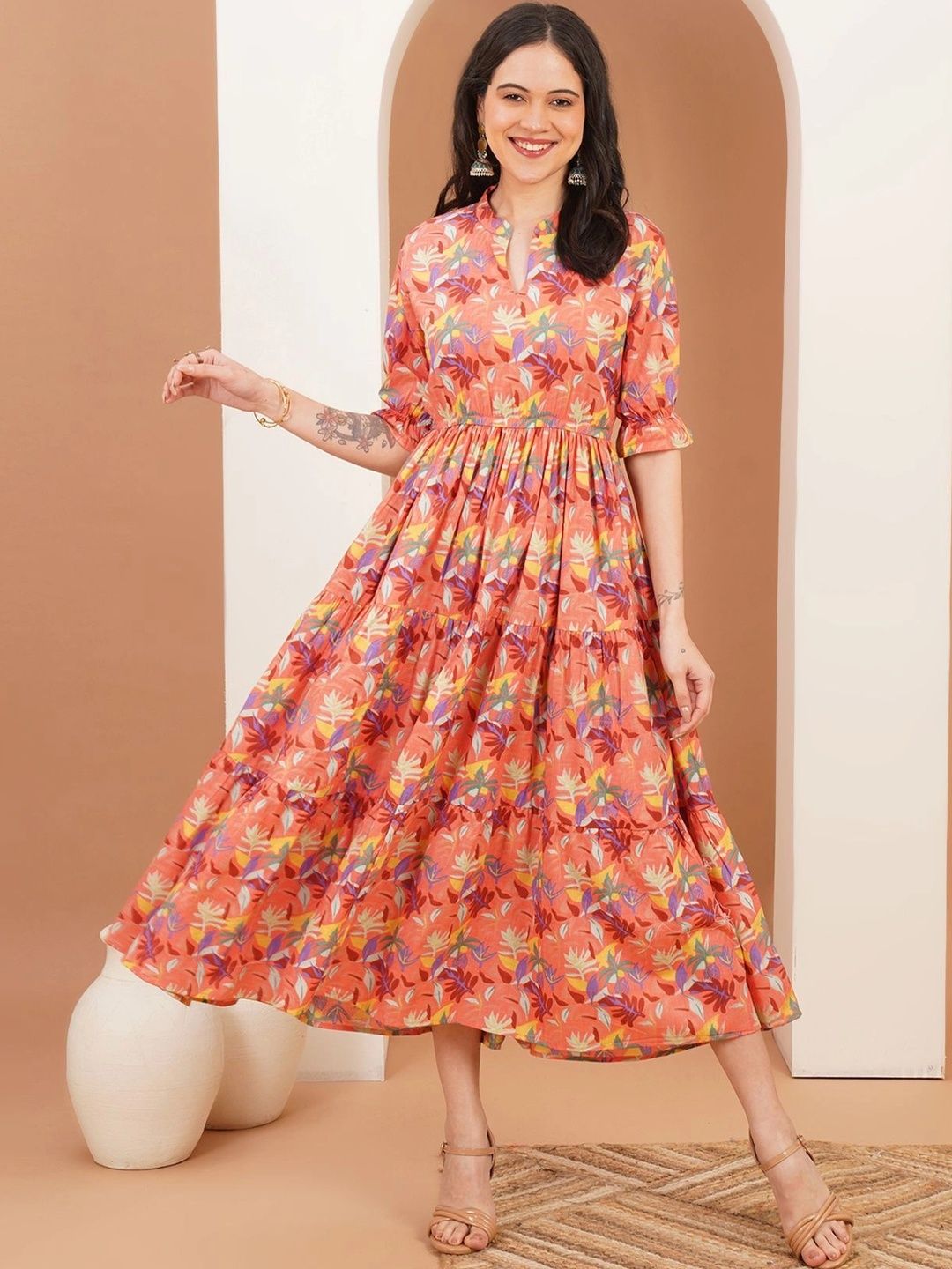 Sangria Printed Mandarin Collar A-Line Ethnic Dresses-picture-38