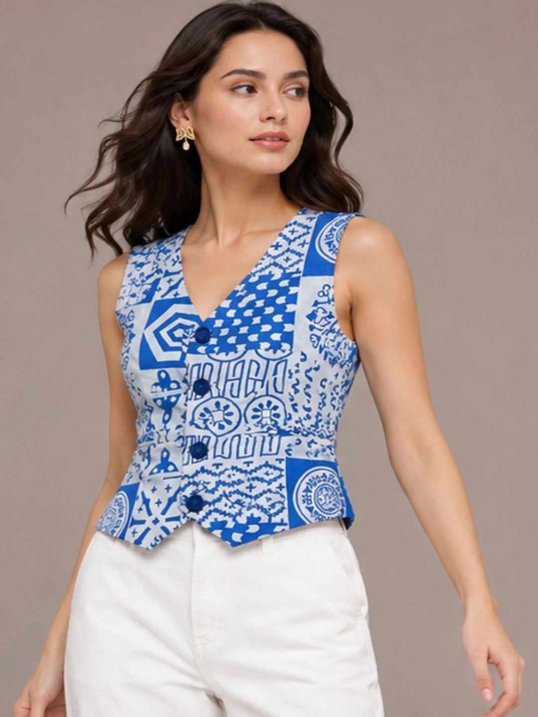 PURVIT Printed V-Neck Woven Casual Waistcoat-picture-57