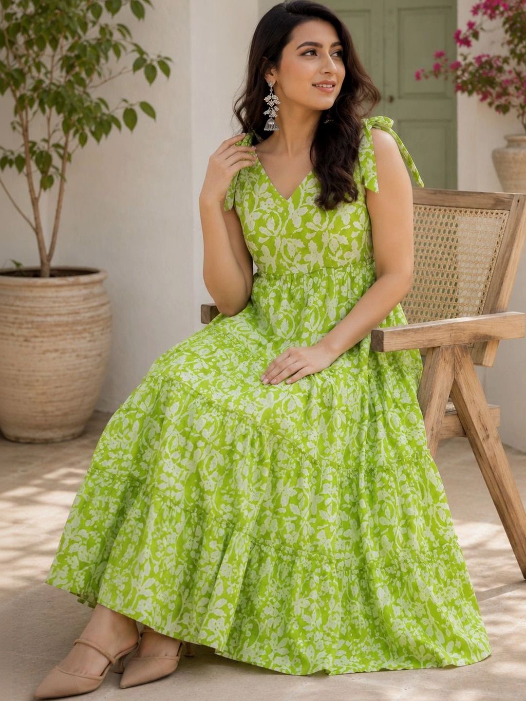 HERE&NOW Printed Cotton V-Neck A-Line Ethnic Dresses-picture-57