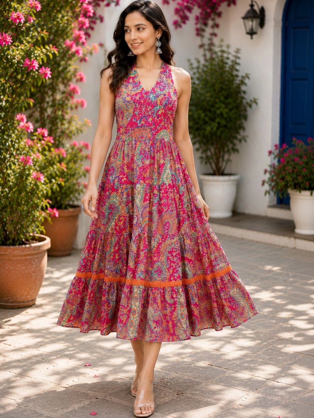 HERE&NOW Printed Halter Neck Fit & Flare Ethnic Dresses-picture-19