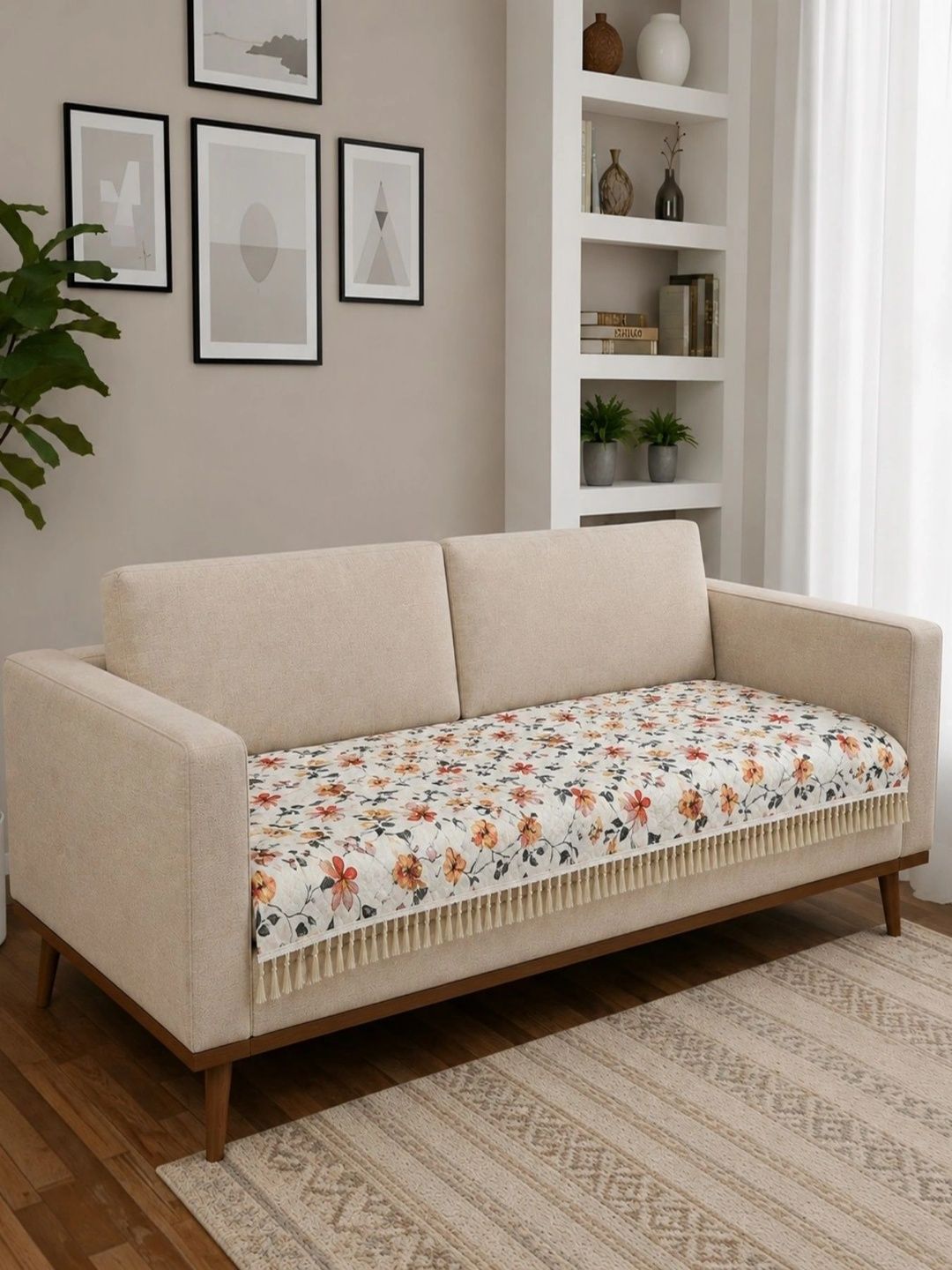 Homefab India White & Red Printed 1 Piece Sofa Cover Without Arms-picture-17