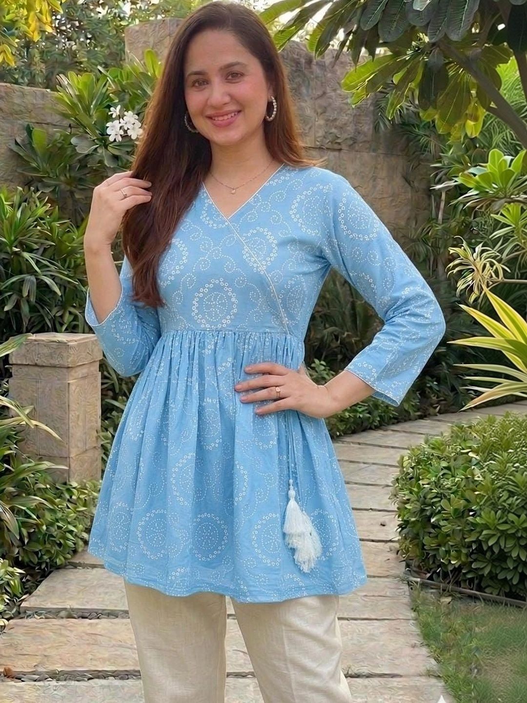 Vastrakaya Ethnic Motifs Printed V-Neck Pure Cotton Blend Angrakha Kurti-picture-46