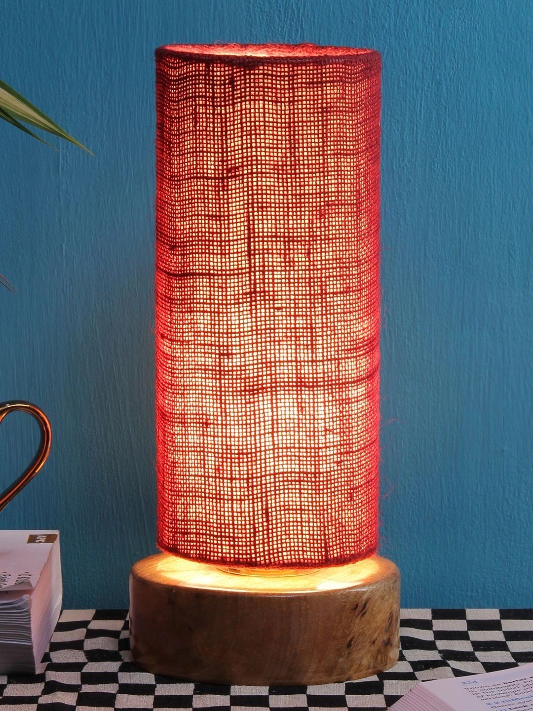 Myntra Elegant Homes Maroon Textured Wood Traditional Cylindrical Shaped Table Lamp-image-38