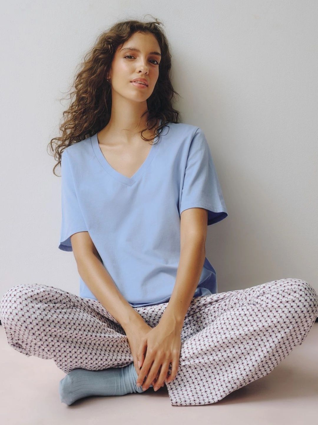 NEXT Women Pure Cotton V-Neck Tee and Geometric Print suit-picture-41