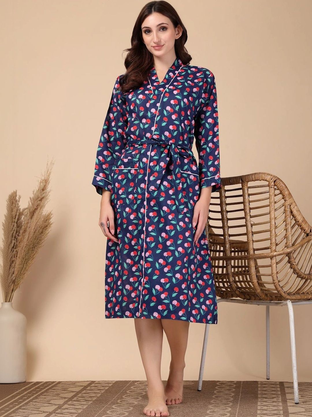 Myntra Elegant Homes Blue Printed Pure Cotton Bath Robe With Belt-picture-40