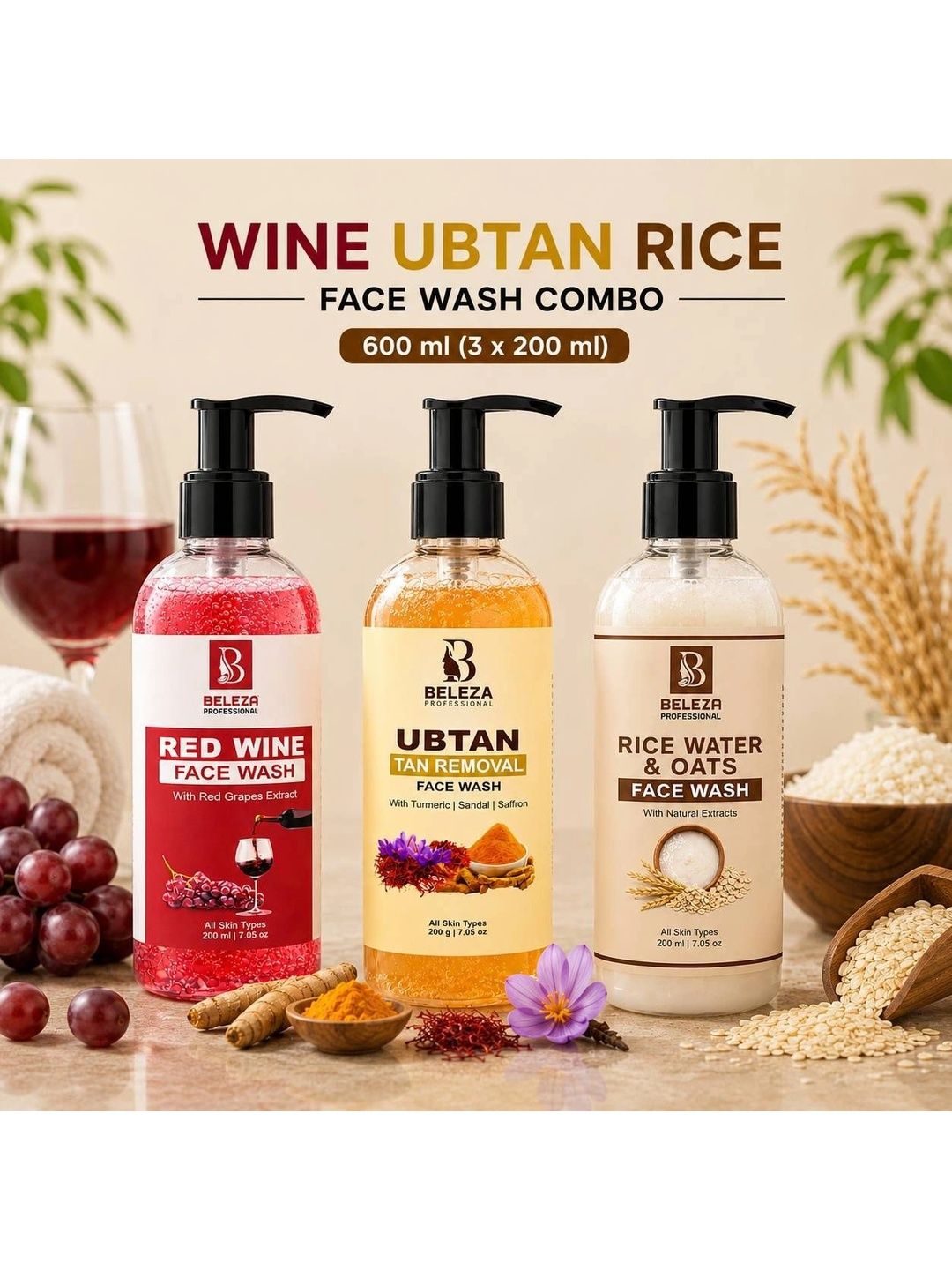 Beleza Professional Set Of 3 Red Grape Ubtan Rice Water & Oats Face Wash - 200 ml Each-image-16