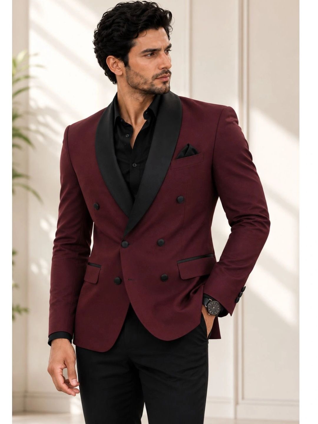 SOURAGYA Shawl Collar Double-Breasted Tailored Fit Party Blazers-picture-41