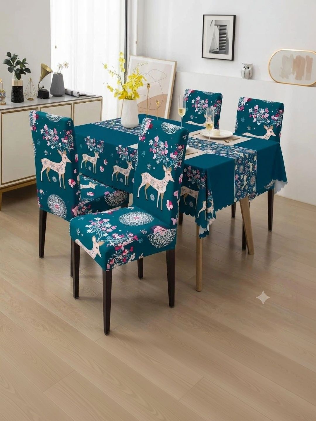 DFH Blue & Pink Printed 5-Pcs Chair Covers With Table Cover-picture-24