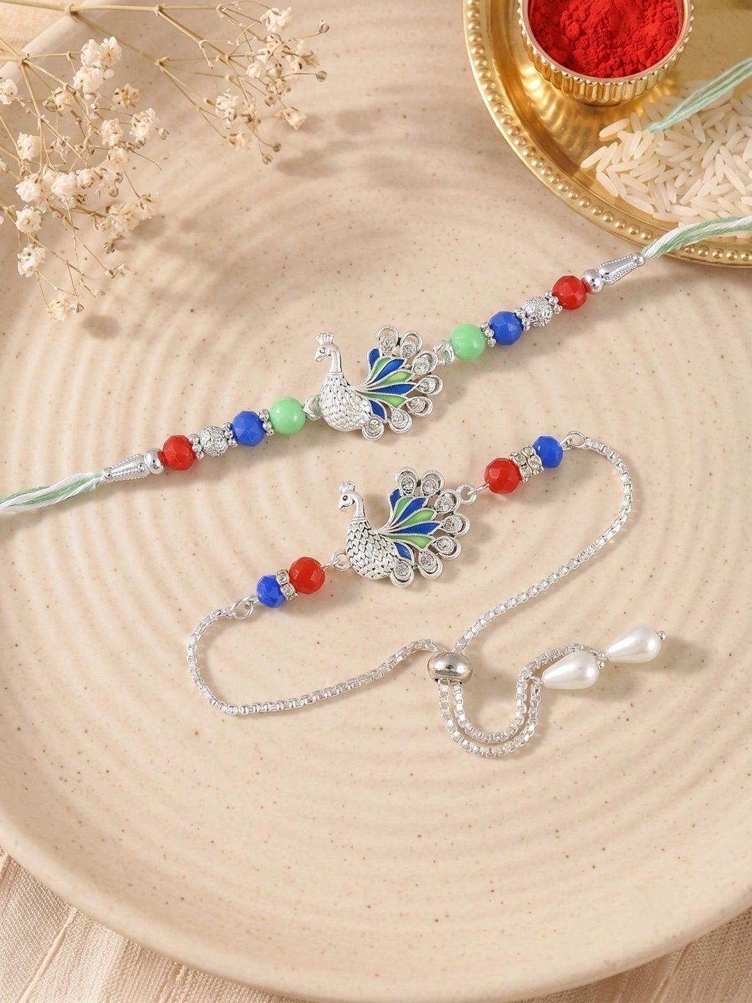 MEIRA JEWELLERY 4-Pcs Silver Plated Peacock Couple Rakhi Gift Set-picture-20