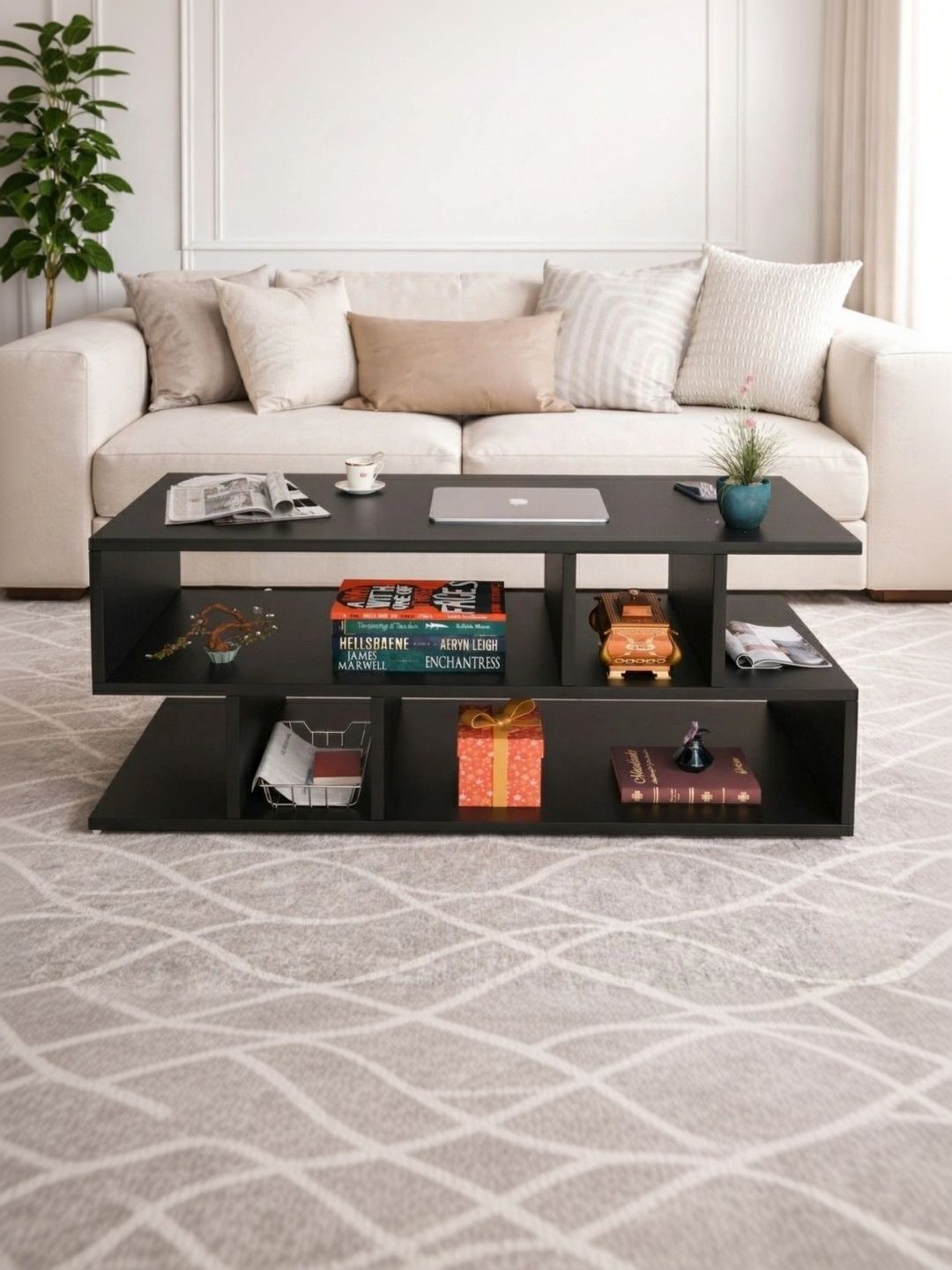 SPYDER CRAFT Black Modern Engineered Wood Rectangle Coffee Table-image-1