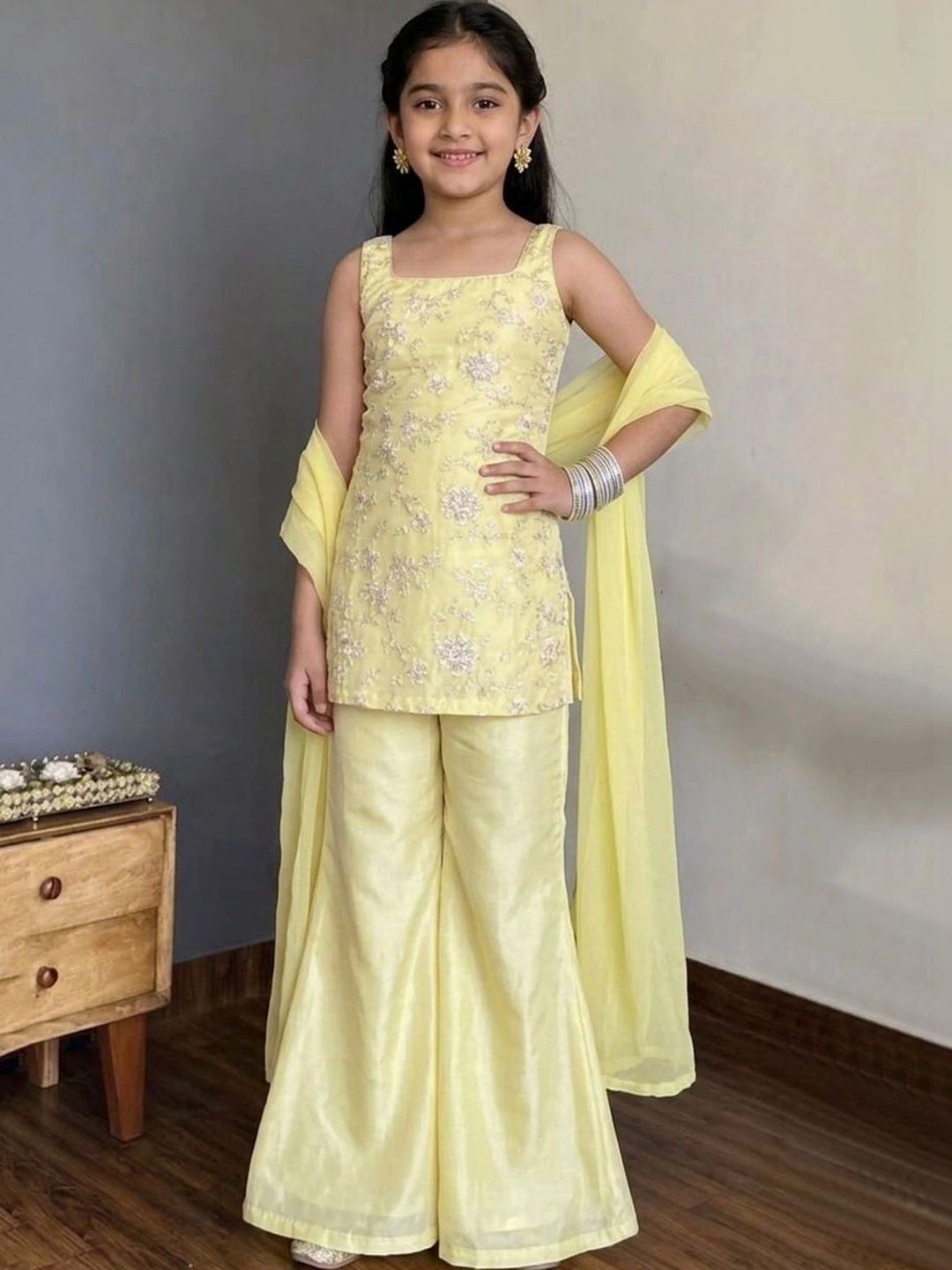 KALINI Girls Ethnic Motifs Embroidered Regular Thread Work Kurti with Sharara & With Dupatta-picture-38