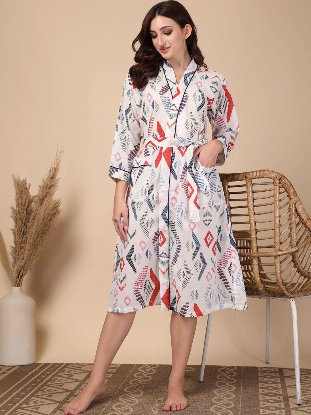 Myntra Elegant Homes White Printed Pure Cotton Bath Robe With Belt-image-8