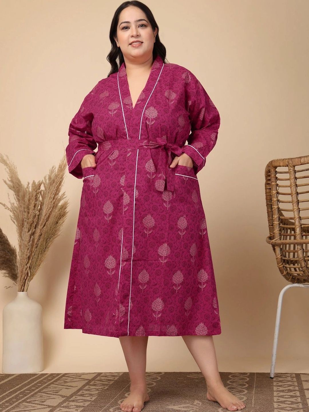 Myntra Elegant Homes Pink Floral Printed Pure Cotton Bath Robe With Belt-image-25