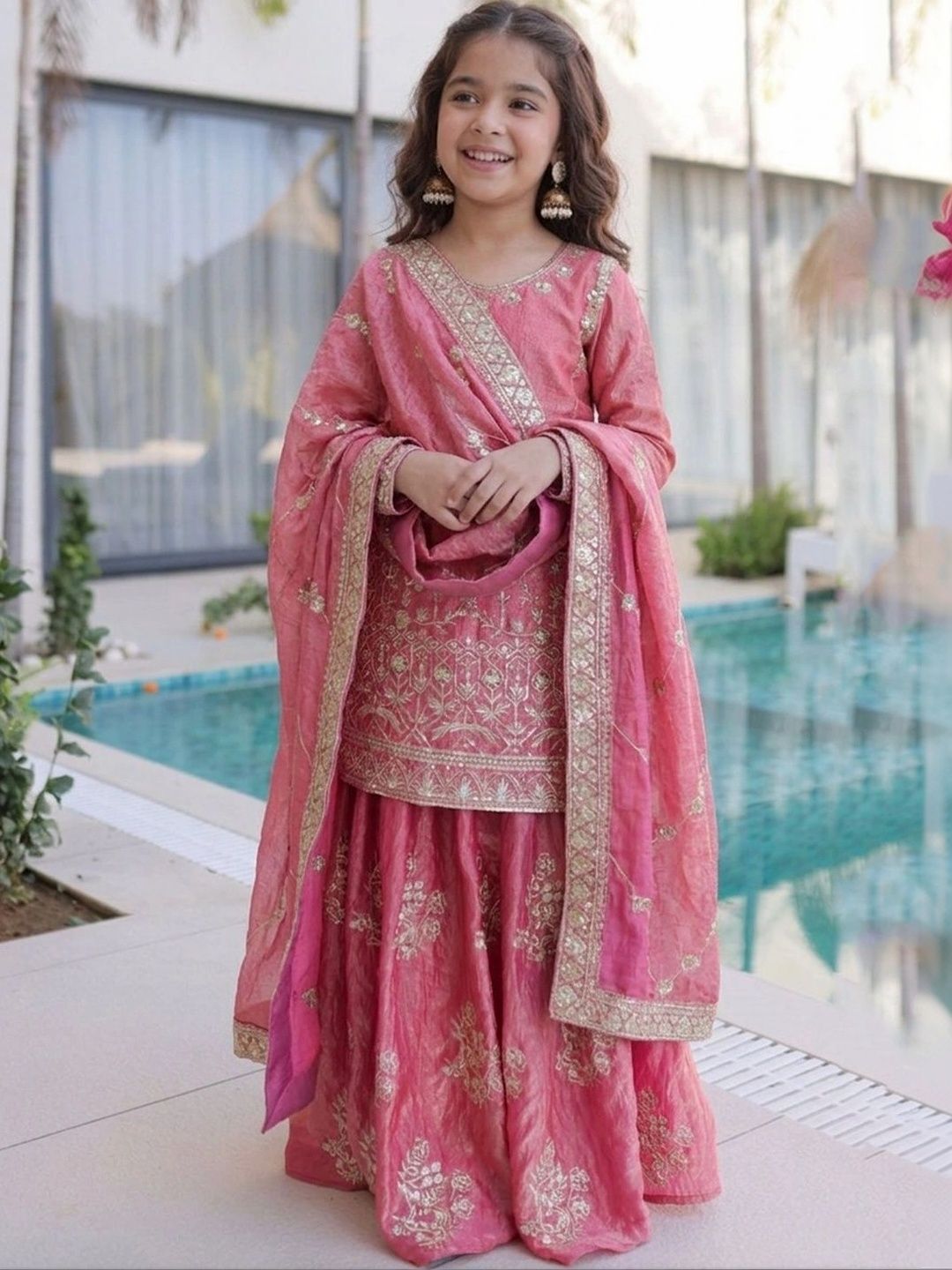 KALINI Girls Ethnic Motifs Embroidered Regular Kurta with Sharara & With Dupatta-picture-24