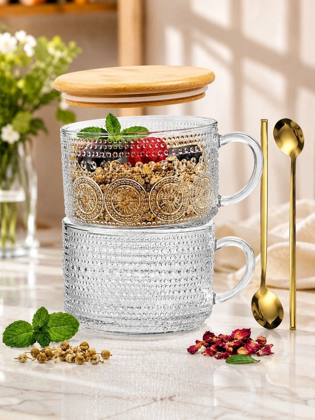 PrimeWorld Transparent & Gold-Toned Handcrafted Textured Glass Transparent Cups Set of Cups and Mugs-image-8