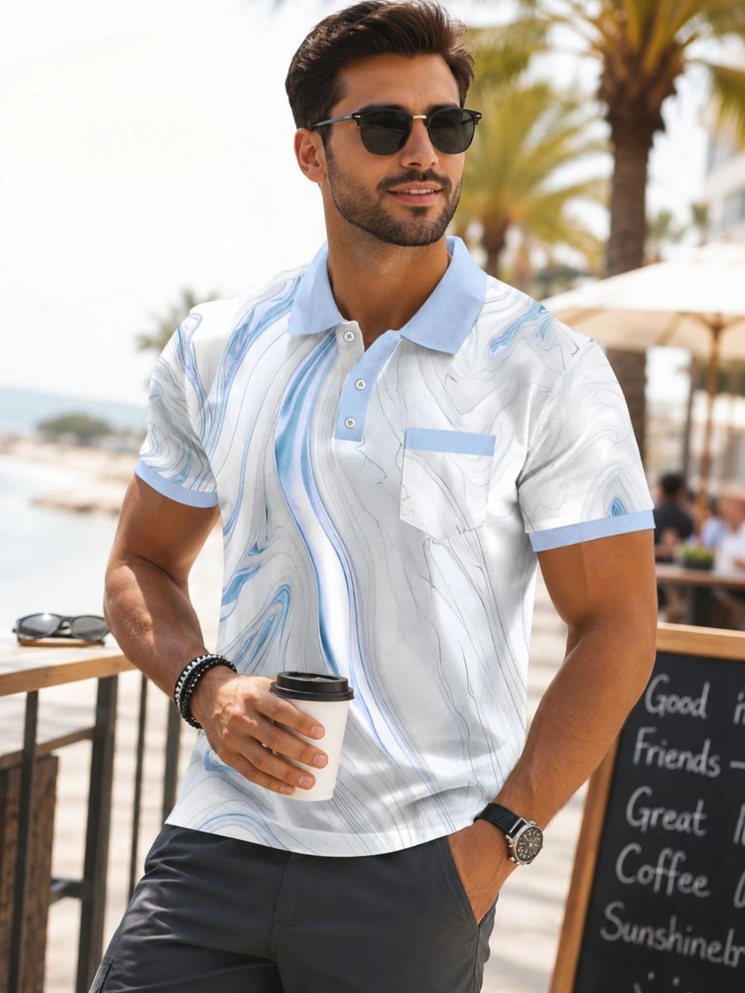 HERE&NOW Men Printed Polo Collar Pockets T-shirt-picture-25