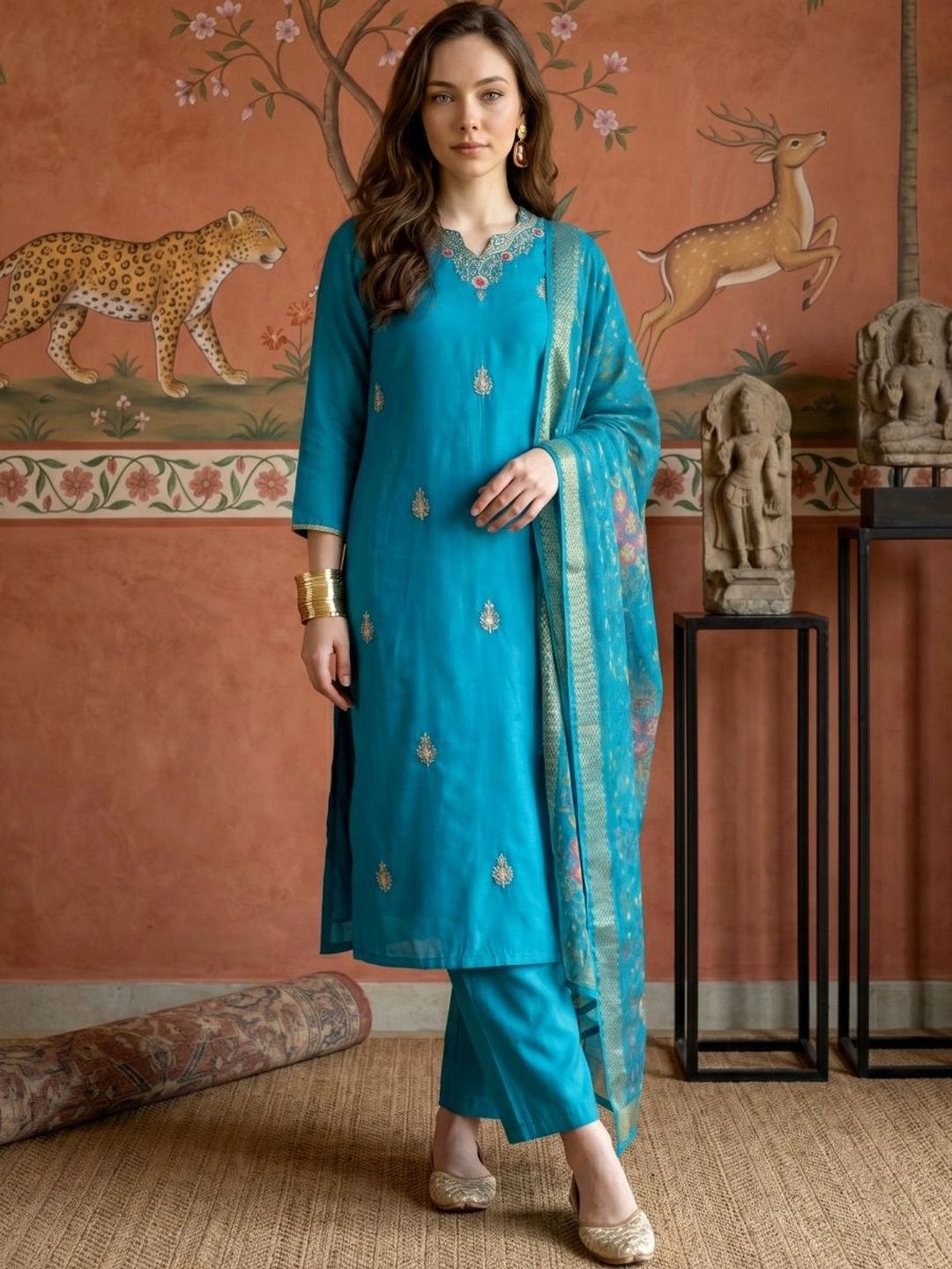 Sangria Women Ethnic Motifs Embroidered Regular Kurta with Trousers & With Dupatta-picture-38