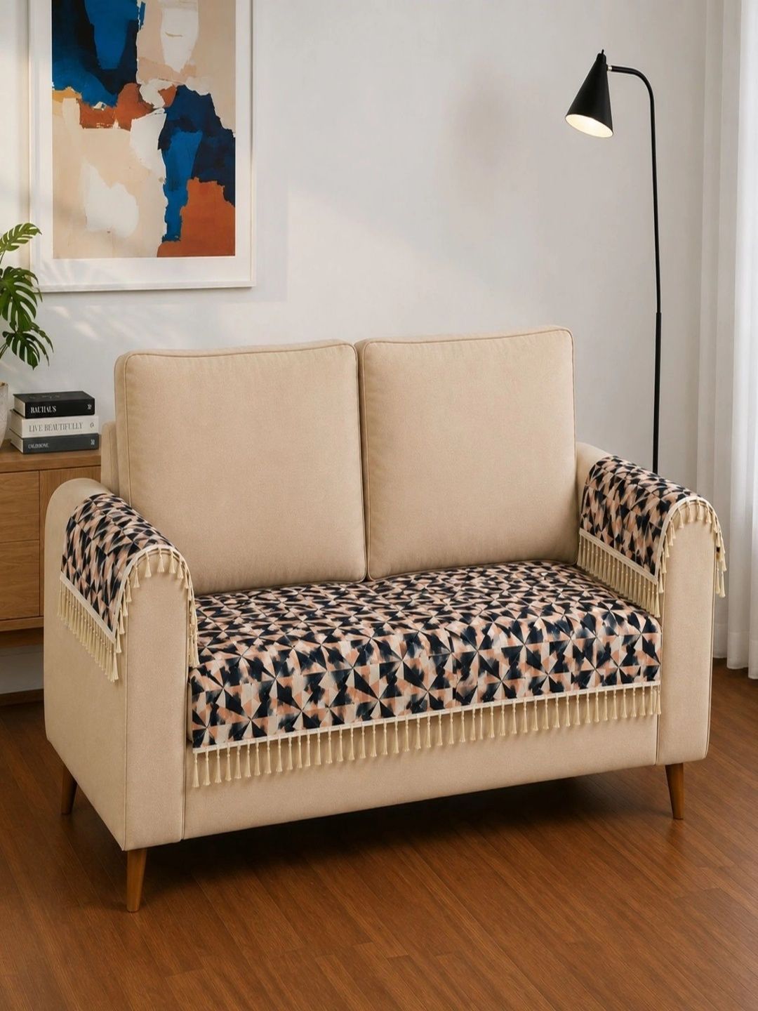 Homefab India Black & Beige Printed 3 Piece Sofa Cover With Arms-picture-28