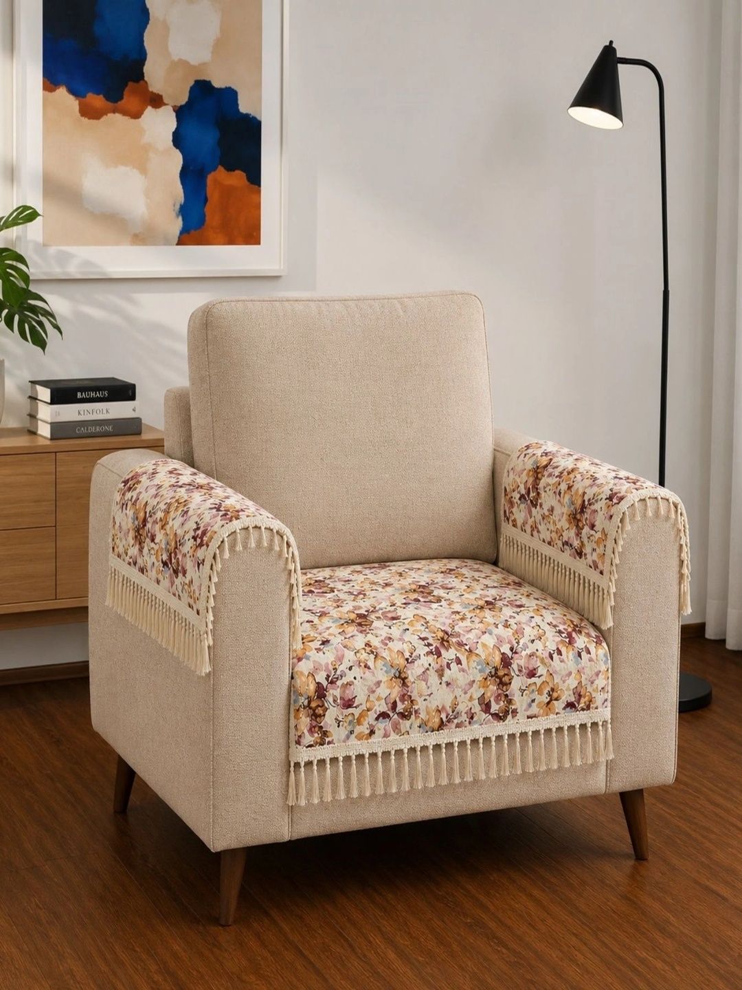 Homefab India Beige & Brown Printed 3 Piece Sofa Cover With Arms-picture-13