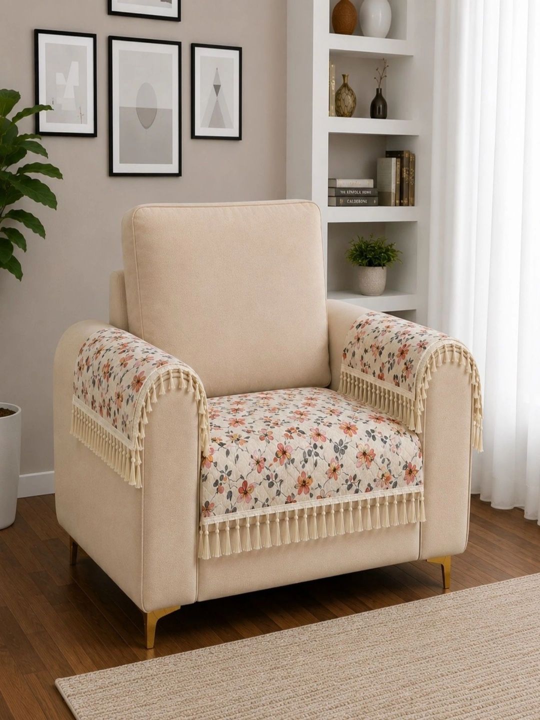 Homefab India White & Red Printed 3 Piece Sofa Cover With Arms-image-28