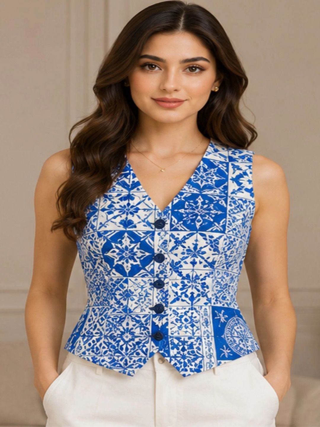 PURVIT Printed V-Neck Woven Casual Waistcoat-picture-32