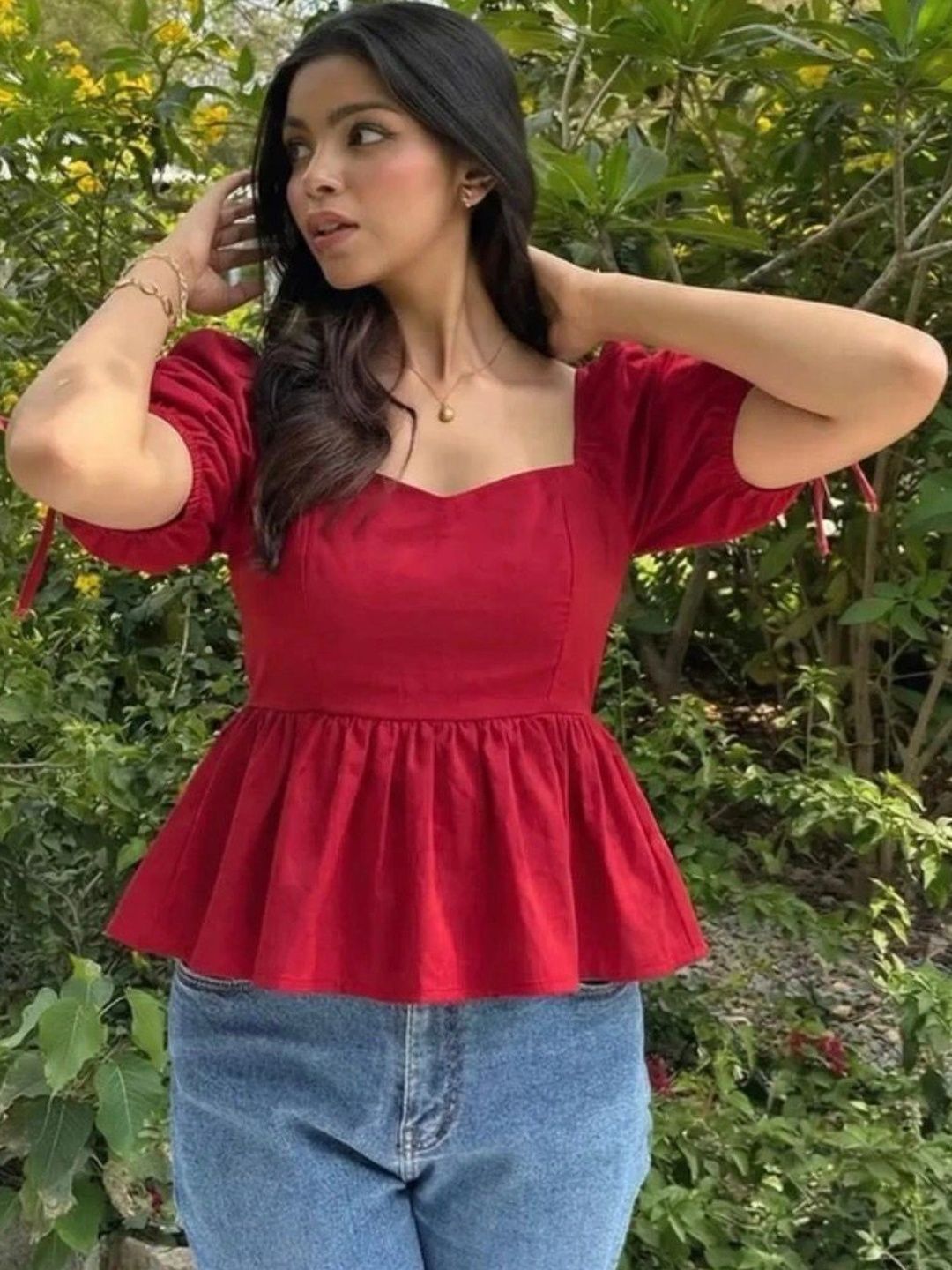 VYMO Puff Sleeve Cotton Peplum Top-picture-12