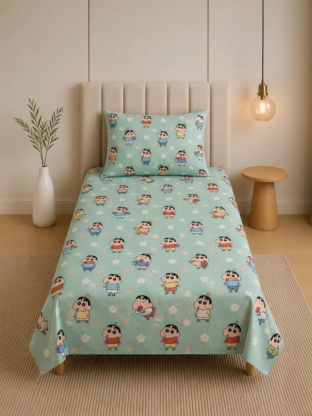 TINDLER KNOTS Green Cartoon Characters 144 TC Single Bedsheet with 1 Pillow Covers-picture-24