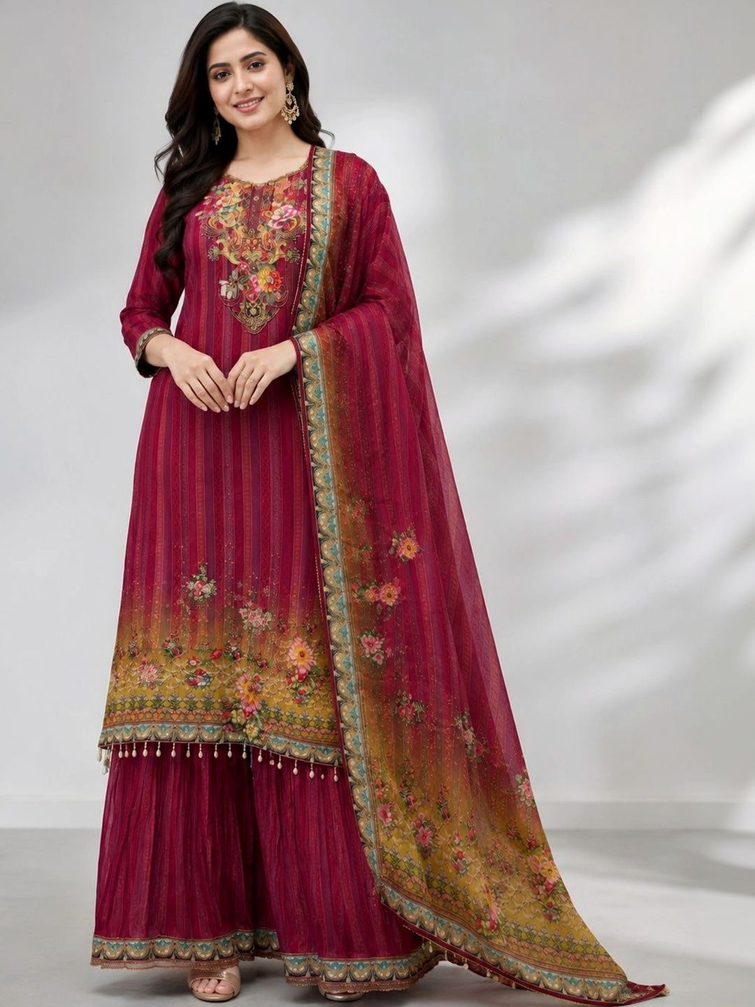 Aumira Women Floral Striped Regular Thread Work Pure Silk Kurta with Sharara & With Dupatta-image-16