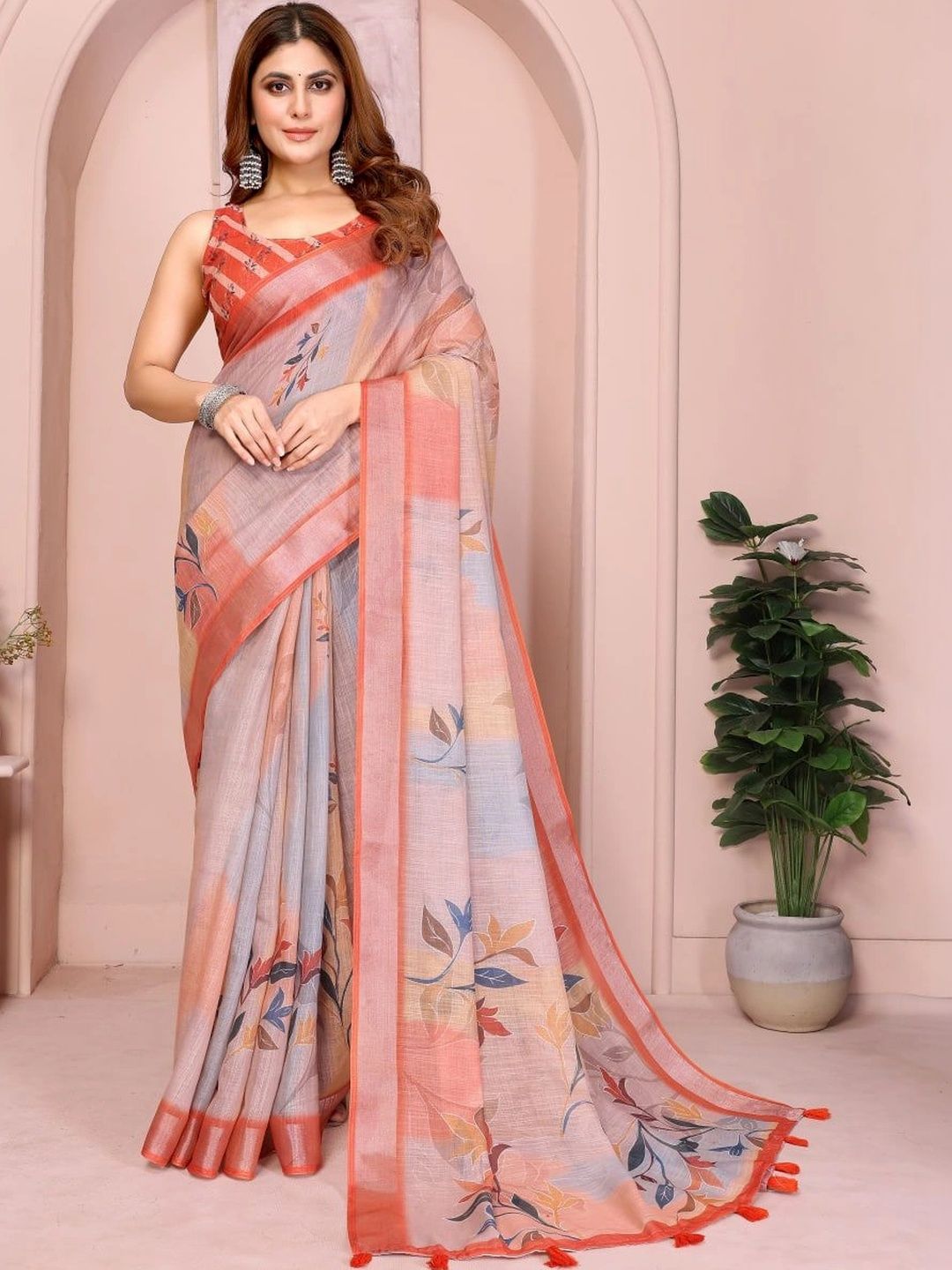 HERE&NOW Floral Linen Blend Bhagalpuri Saree-picture-21
