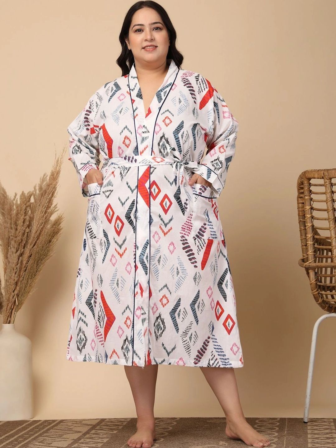 Myntra Elegant Homes White Printed Pure Cotton Bath Robe With Belt-image-33