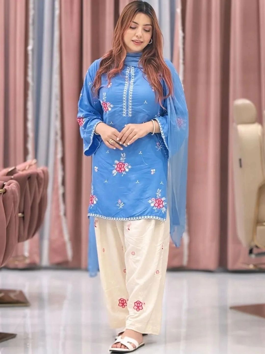 TWINS LADY Women Floral Embroidered Regular Thread Work Pure Cotton Kurta with Palazzos & With Dupatta-picture-43