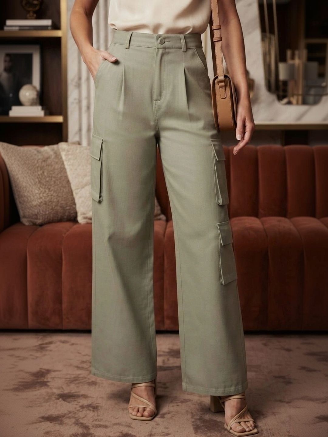 HIGH BUY Women Original Loose Fit High-Rise Pleated Cargos Trousers-image-25