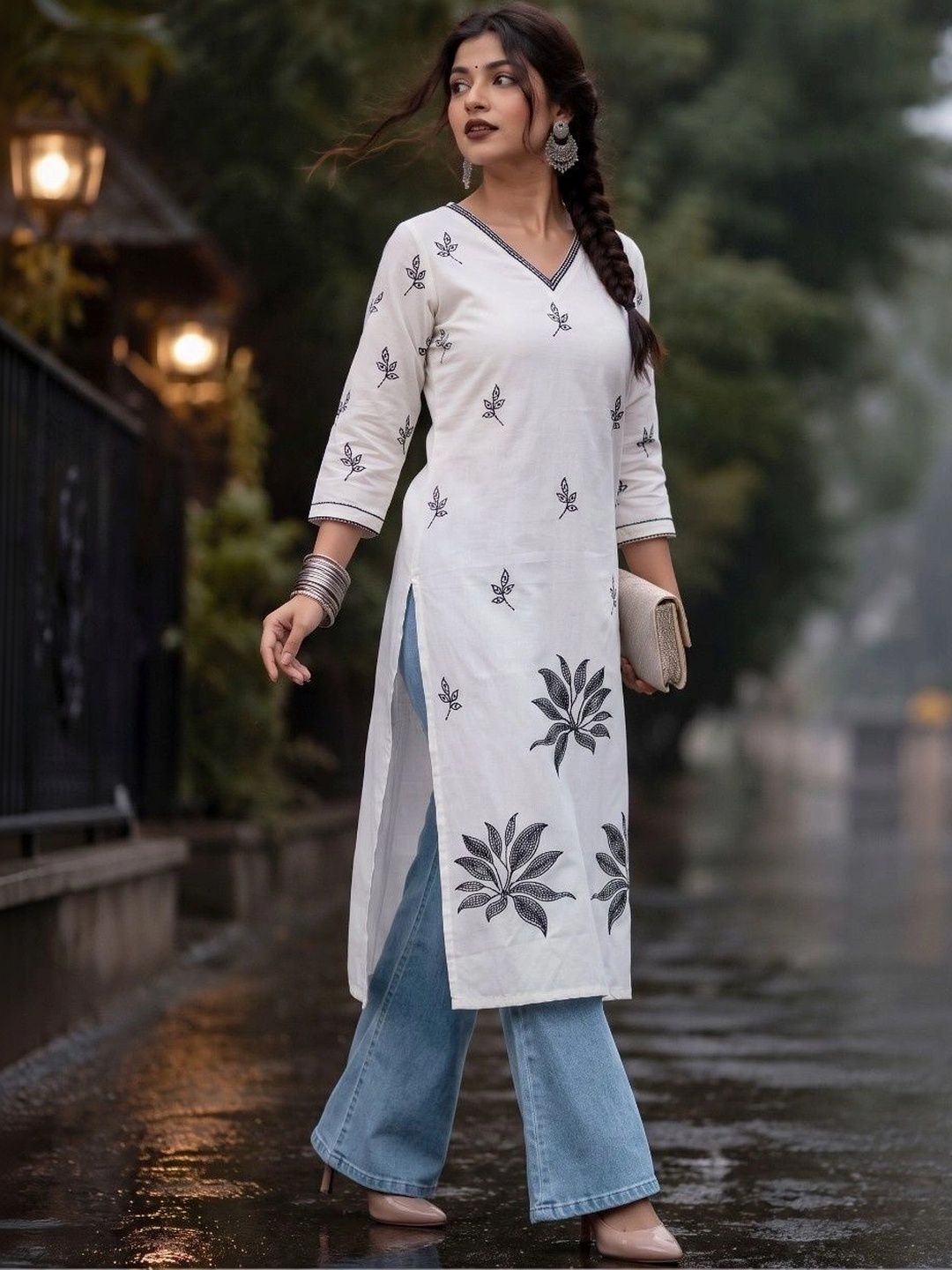 AXI COUTURE Botanical Printed V-Neck Pure Cotton Kurti-picture-36
