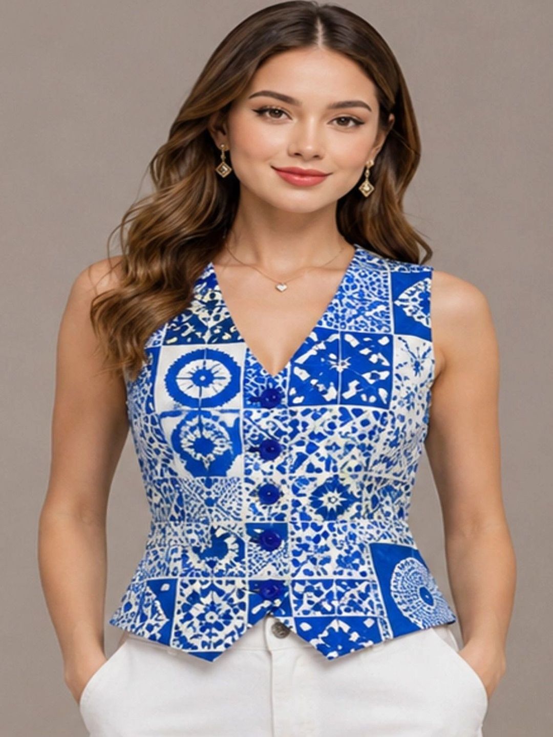 PURVIT Printed V-Neck Woven Casual Waistcoat-picture-35