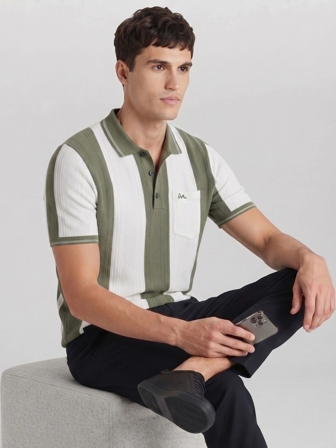MALER Men Striped Polo Collar Monochrome Pockets T-shirt-picture-34