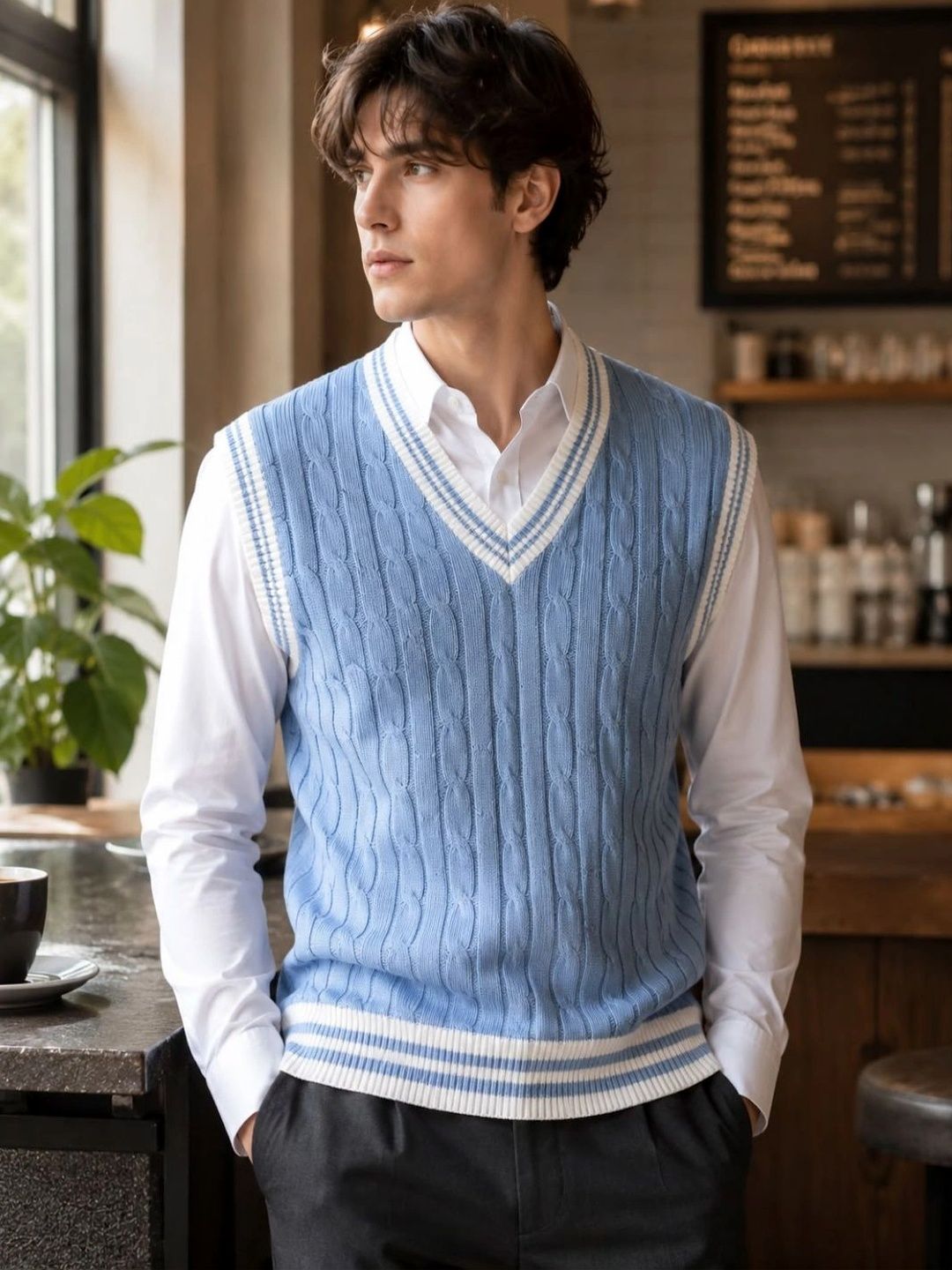 KARAMKAR Men Cable Knit Woollen Sweater Vest-picture-21