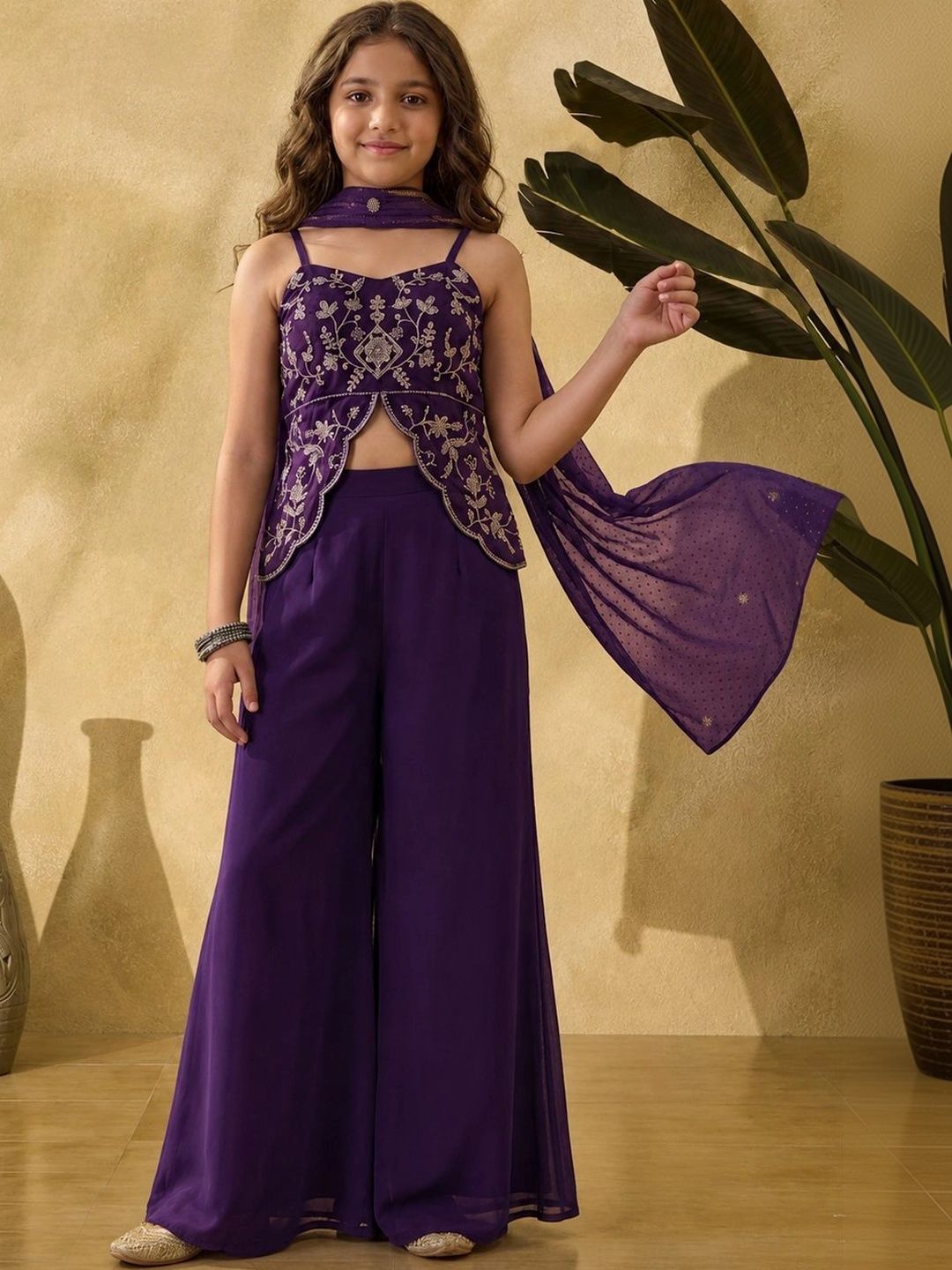 KALINI Girls Ethnic Motifs Embroidered Regular Thread Work Kurti with Palazzos & With Dupatta-picture-47