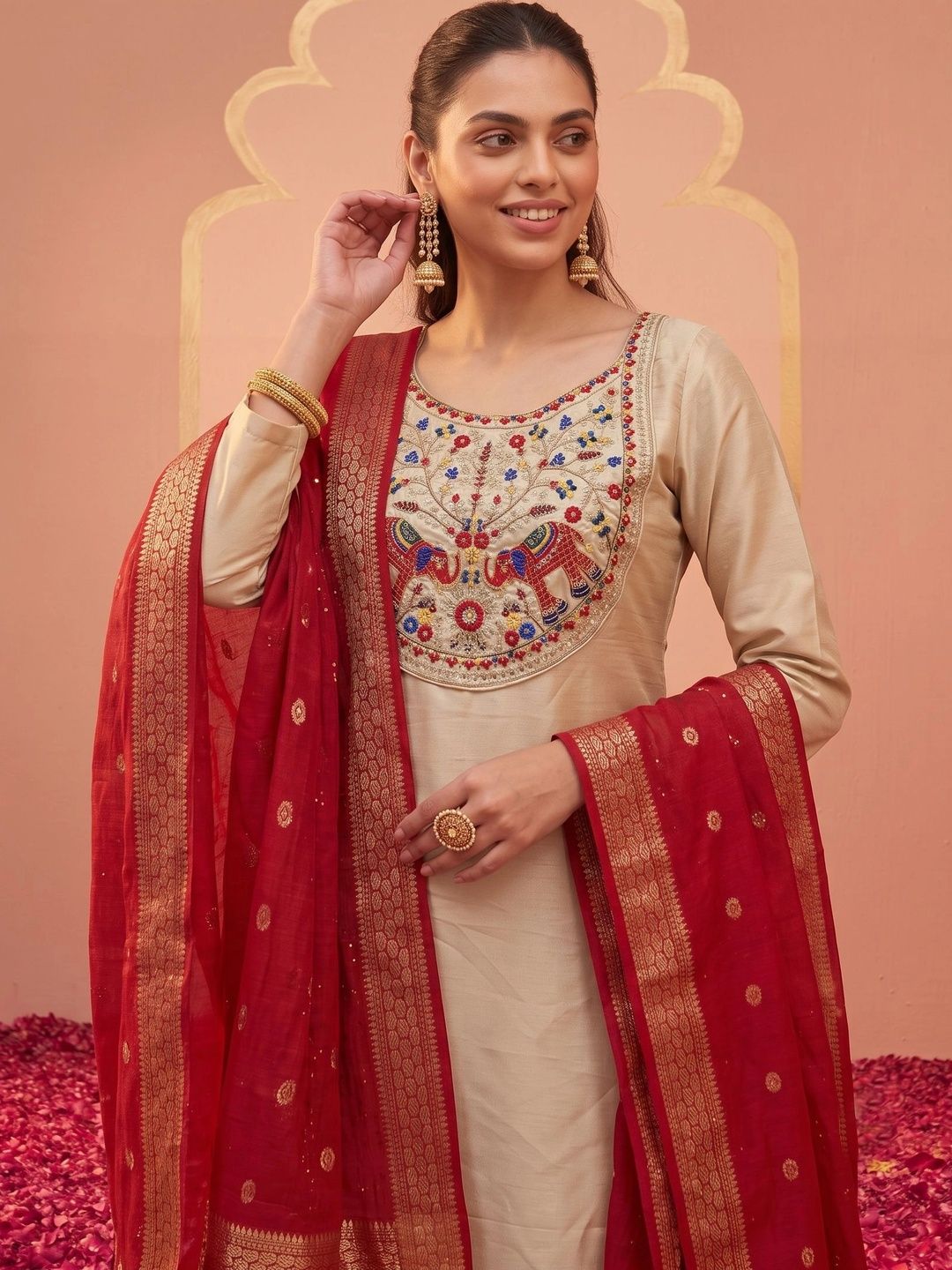 HERE&NOW Women Ethnic Motifs Embroidered Regular Thread Work Kurta with Trousers & With Dupatta