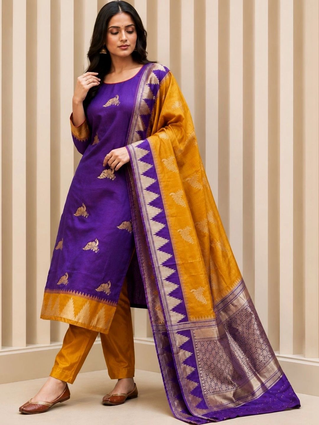 Sangria Women Ethnic Motifs Printed Regular Pure Silk Kurta with Trousers & With Dupatta-picture-17